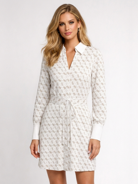 Guess Guess LS Blerta Chemisier Dress - All Over Logo Off White
