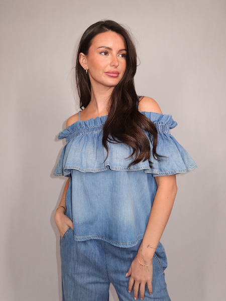 Pinko Pinko Bloch Blusa Light Denim Fluido Top - Medium Light Wash