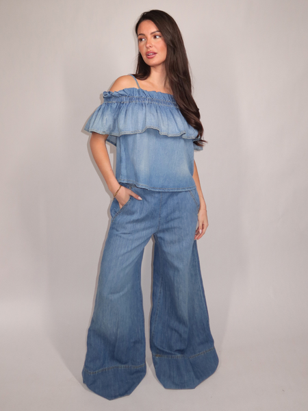 Pinko Pinko Bloch Blusa Light Denim Fluido Top - Medium Light Wash