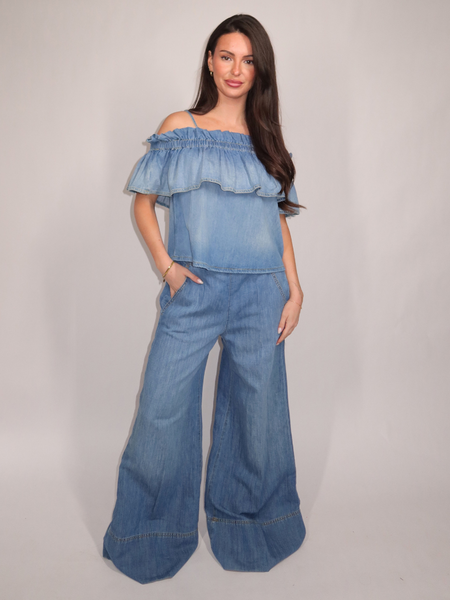 Pinko Pinko Bloch Blusa Light Denim Fluido Top - Medium Light Wash