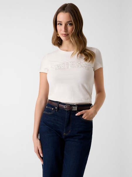 Guess CN SS Logo Lace Tee - Cream White