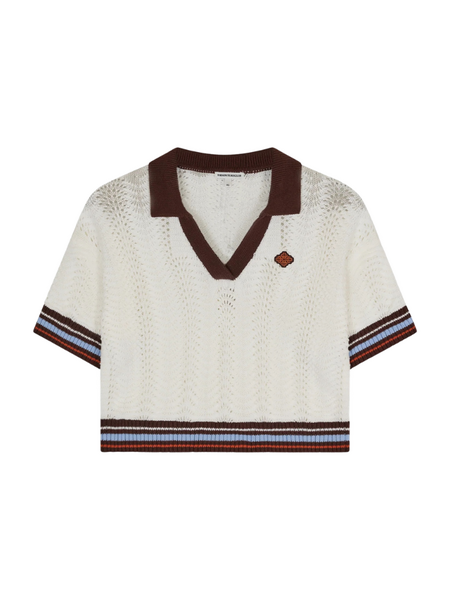 The Couture Club The Couture Club Women Open Collar Crochet Crop Shirt - Chocolate