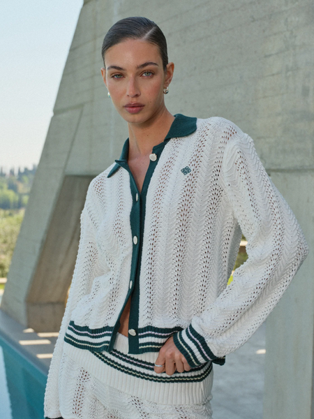The Couture Club Women Long Sleeve Crochet Shirt - Forest Green