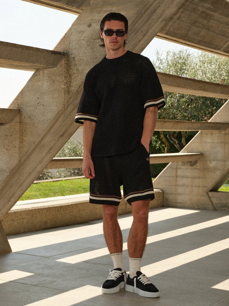 The Couture Club Crochet Knitted Stripe T-Shirt - Black The Couture Club The Couture Club Crochet Knitted Stripe T-Shirt - Black