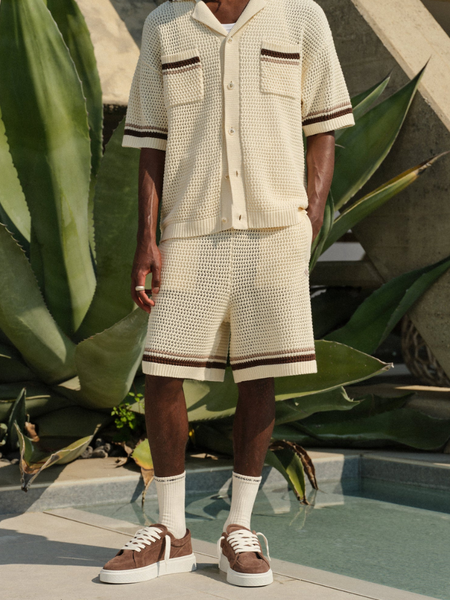 The Couture Club Crochet Knitted Stripe Shorts - Off White The Couture Club The Couture Club Crochet Knitted Stripe Shorts - Off White
