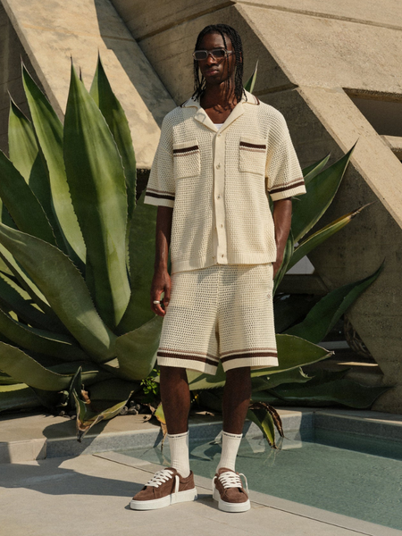 The Couture Club Crochet Knitted Stripe Shorts - Off White The Couture Club The Couture Club Crochet Knitted Stripe Shorts - Off White