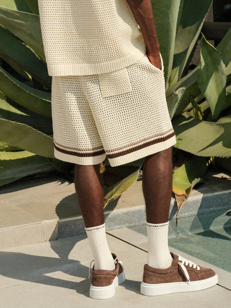 The Couture Club Crochet Knitted Stripe Shorts - Off White The Couture Club The Couture Club Crochet Knitted Stripe Shorts - Off White