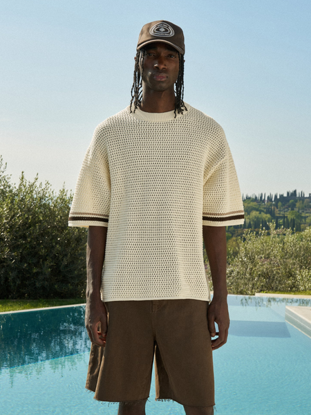 The Couture Club The Couture Club Crochet Knitted Stripe T-Shirt - Off White The Couture Club Crochet Knitted Stripe T-Shirt - Off White
