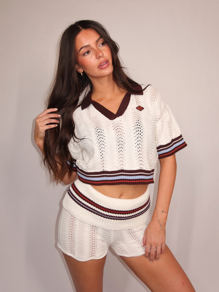 The Couture Club The Couture Club Women Open Collar Crochet Crop Shirt - Chocolate