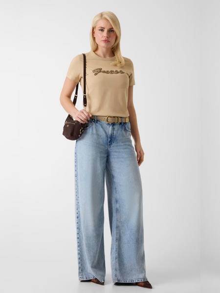 Guess Short Sleeve CN Beads Script T - Safari Tan Guess Guess Short Sleeve CN Beads Script T - Safari Tan