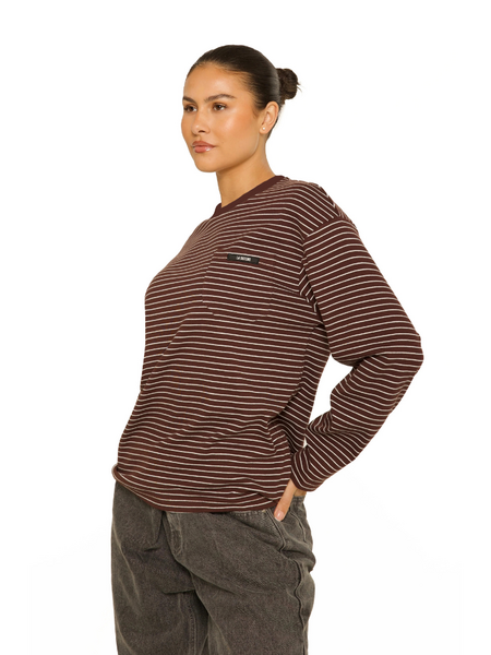 La Sisters Long Sleeve Oversized Striped Tee - Brown