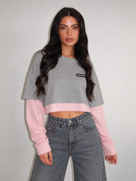 Unique The Label Unique The Label Essy Crop Longsleeve - Grey Melee/Pink Stripe Unique The Label Essy Crop Longsleeve - Grey Melee/Pink Stripe
