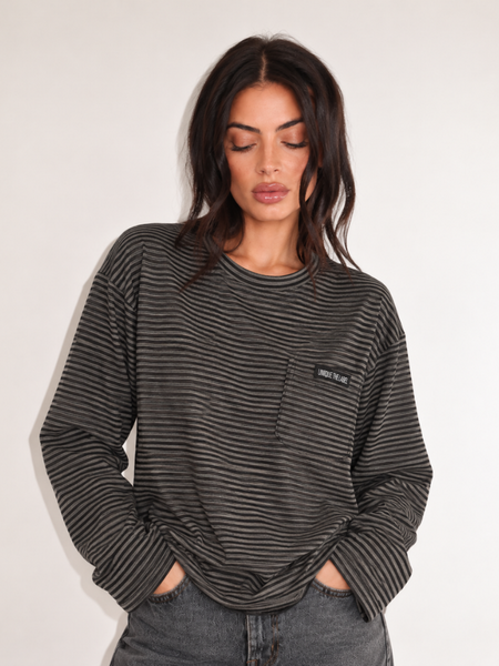 Unique The Label Unique The Label Amy Pocket Longsleeve - Dark Grey/Black Stripe Unique The Label Amy Pocket Longsleeve - Dark Grey/Black Stripe