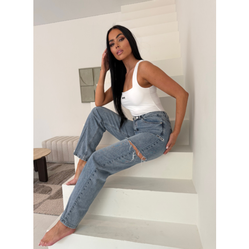 Unique The Label June Wide Leg Jeans - Mid Blue