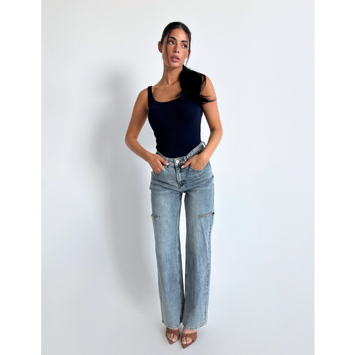 Unique The Label June Wide Leg Jeans - Mid Blue