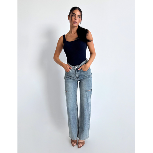 Unique The Label June Wide Leg Jeans - Mid Blue