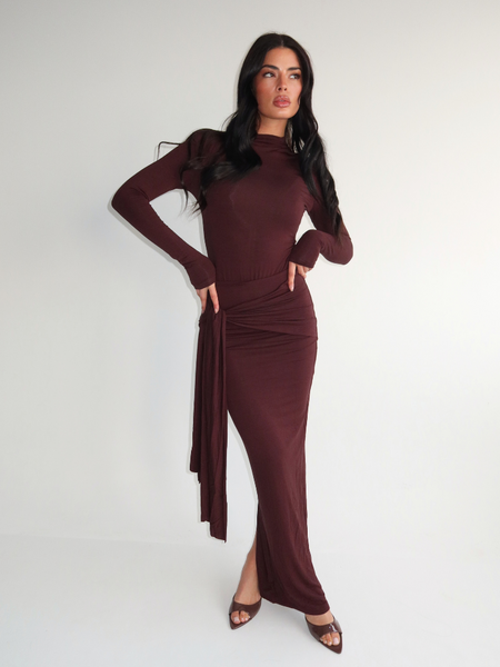 Eliza Bow Long Skirt - Brown