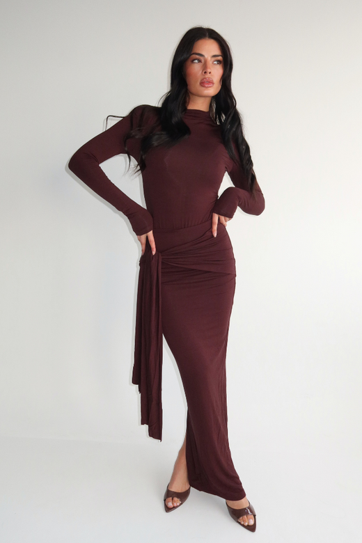 Eliza Bow Long Skirt - Brown