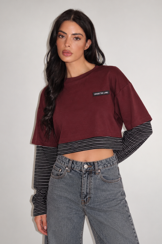 Essy Crop Longsleeve - Bordeaux/Black Grey