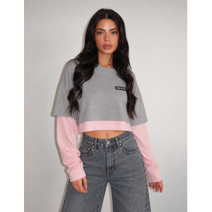 Unique The Label Essy Crop Longsleeve - Grey Melee/Pink White