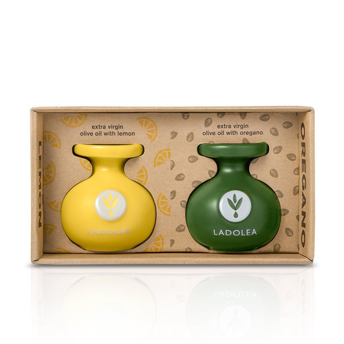 Ladolea Set of olive oil with lemon and oregano in ceramic jars