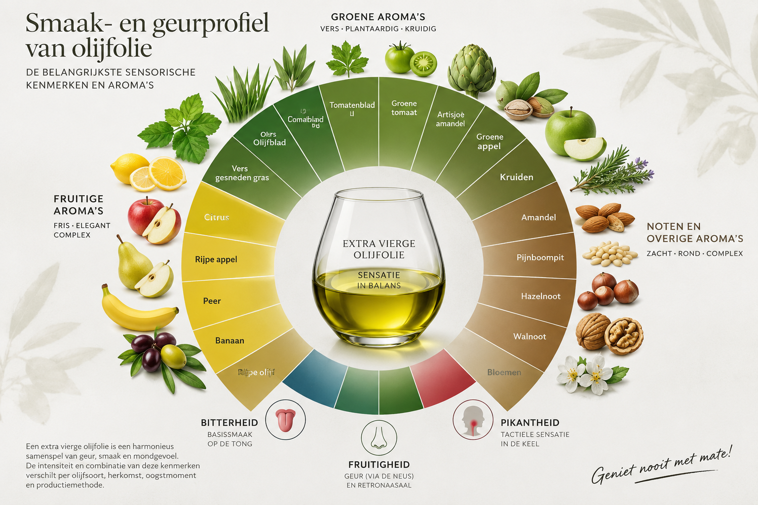 Smaakdiagram voor olijfolie met sensorische kenmerken, aroma's, bitterheid en prikkeling