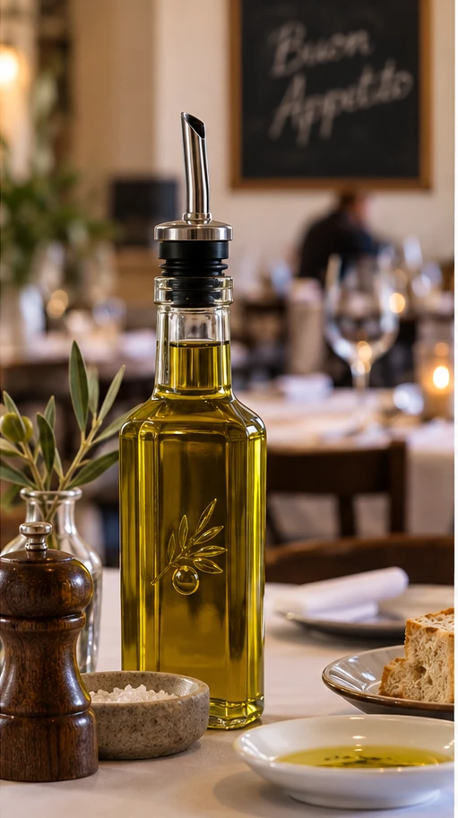 Olijfolie op een restauranttafel met schenker