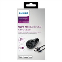 DLP2357V 2 USB poort charger DC 5V 3.1A autolader oplader + Lightning kabel van Philips