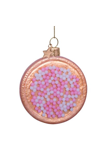 Vondels - Kerst ornament glas - beschuitje met roze muisjes H8.5cm