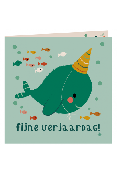 Wenskaart - Fijne verjaardag! Narwal met feesthoed