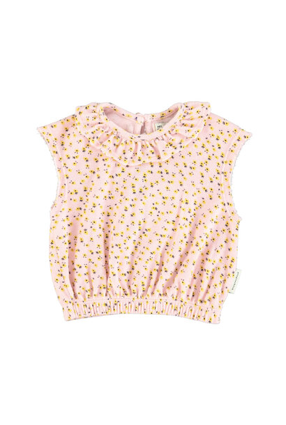 Sleeveless blouse w/ collar  light pink w/ yellow flowers