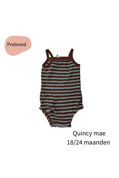 Quincy Mae gebreide mouwloze romper bruin/blauwe streep maat 86/ 92