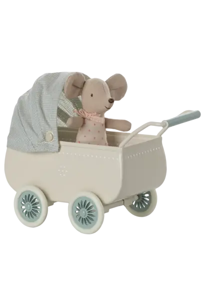 Maileg - Pram with baby mouse mint