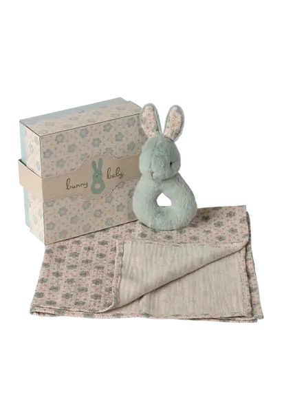 Maileg - Gift set hydrofiel & Rammelaar konijn - Mint