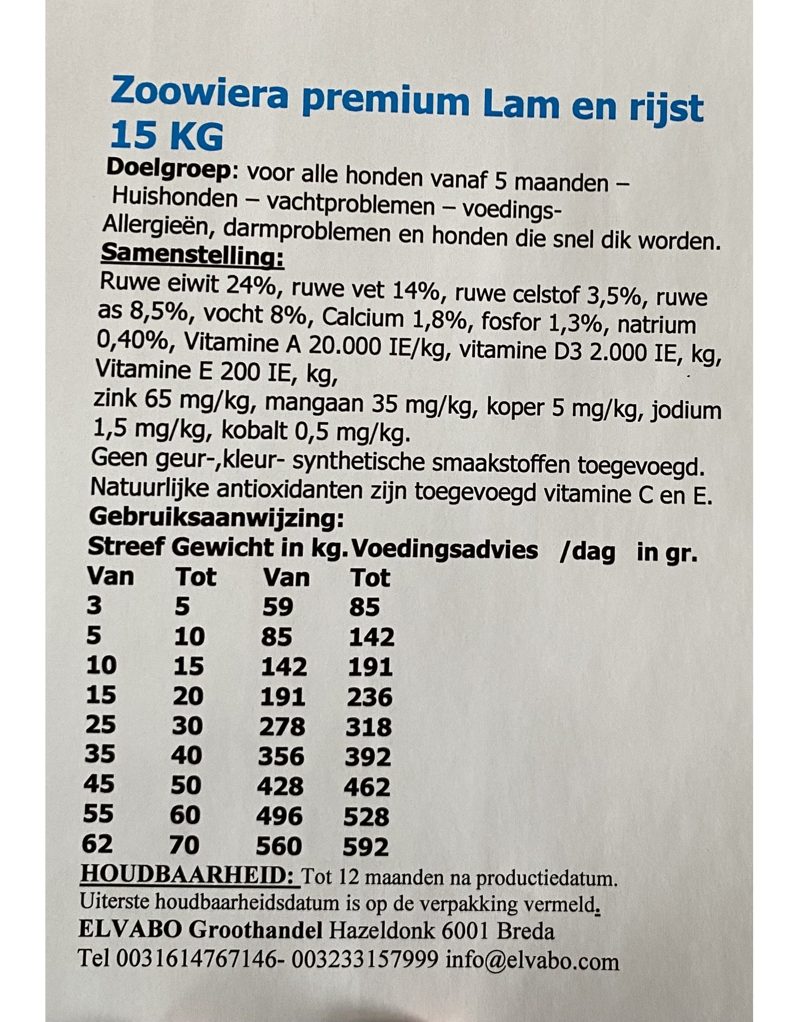 Zoowiera Zoowiera premium lam en rijst 15 kg