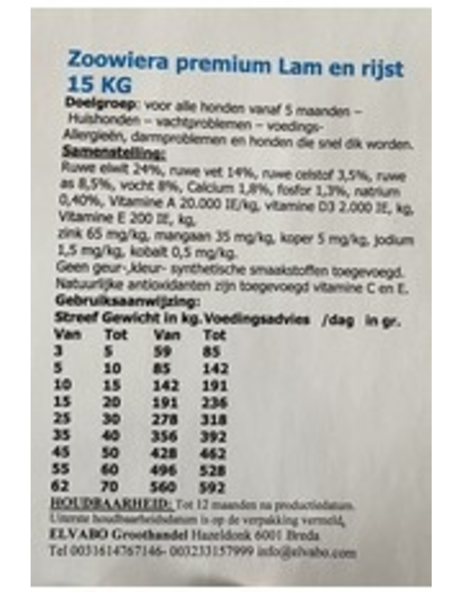 Zoowiera premium lam en rijst droogvoer 3 kg