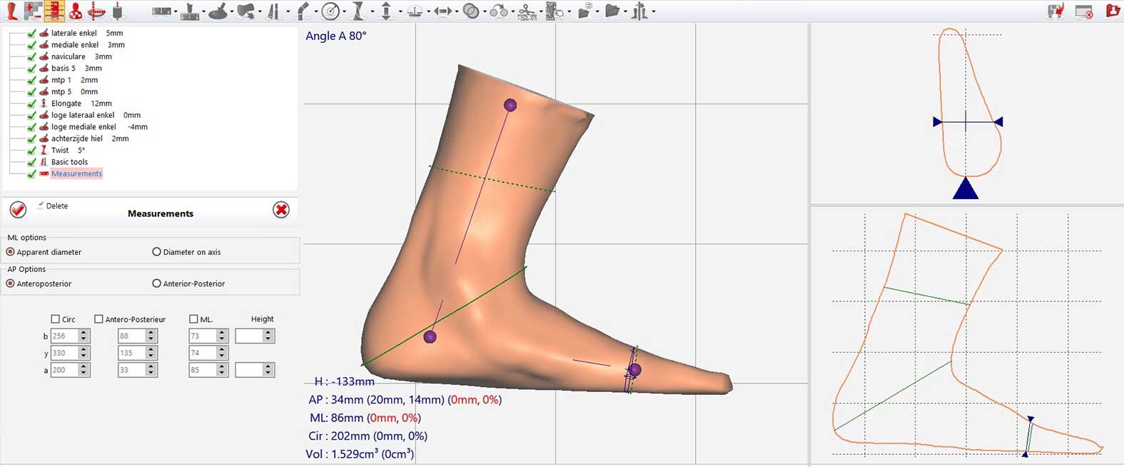 Digitaal bewerken van de voetscan voor skeelerschoenen en schaatsschoenen