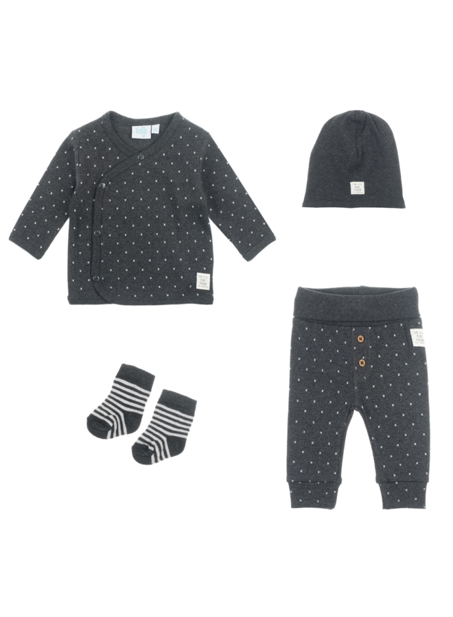 Mini Person 4 delige set: Shirt, Broek, Mutsje en Sokjes Antraciet