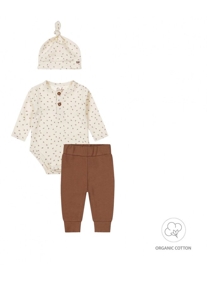 Unisex Broek, Shirt en mutsje organic cotton Brown/Offwhite
