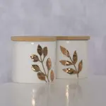 Voorraadpotje met blad - Porselein/Kurk - Wit/Goud - Ø5x5cm