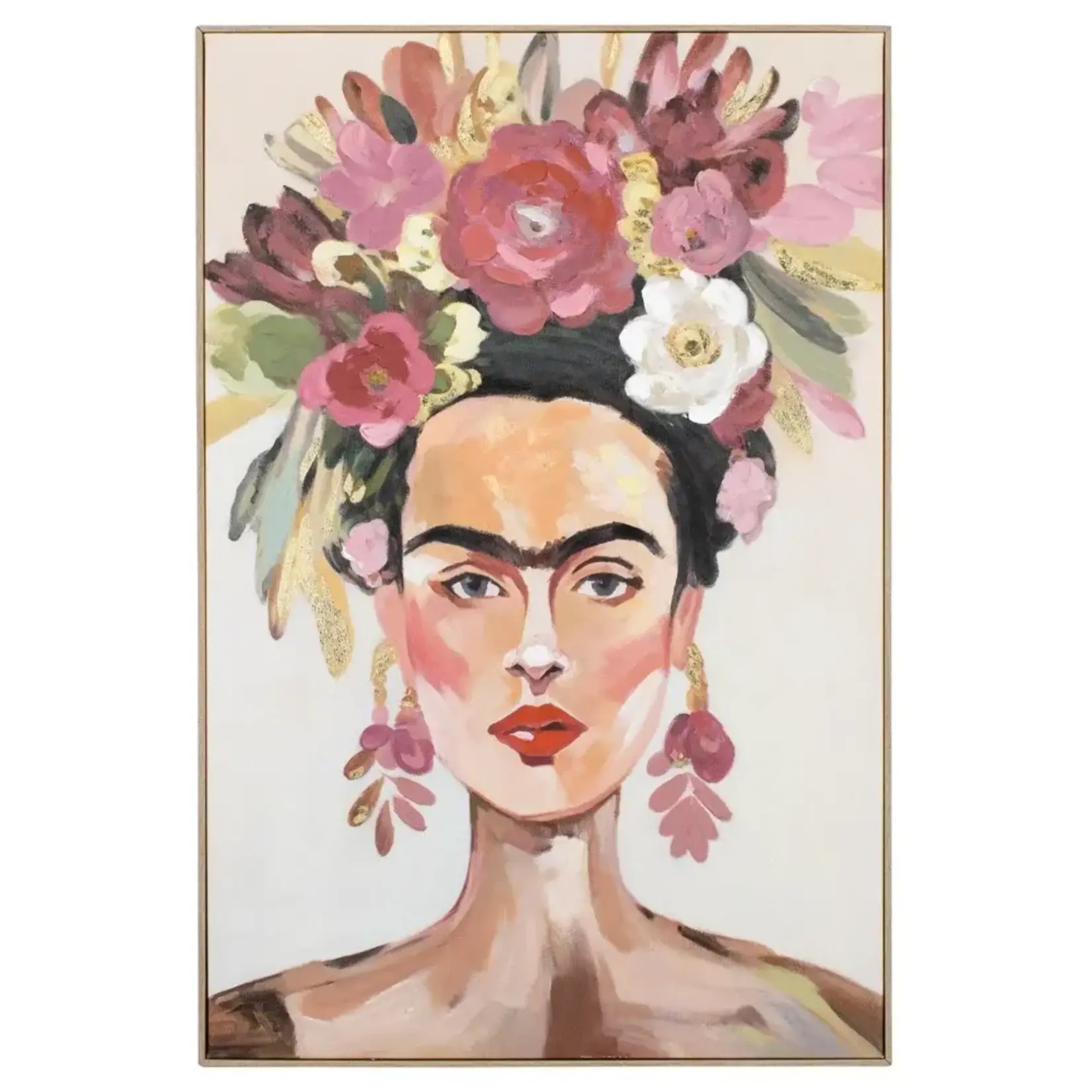 Schilderij - Frida Kahlo - Bloemenhoofd - Pastel - 70x105cm