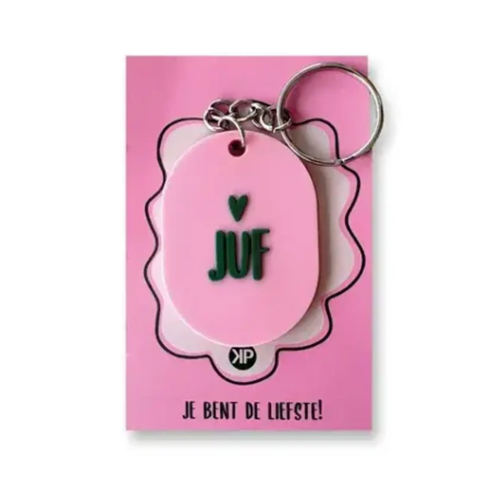 Sleutelhanger ovaal JUF - PVC - Roze/Groen - 50x36mm