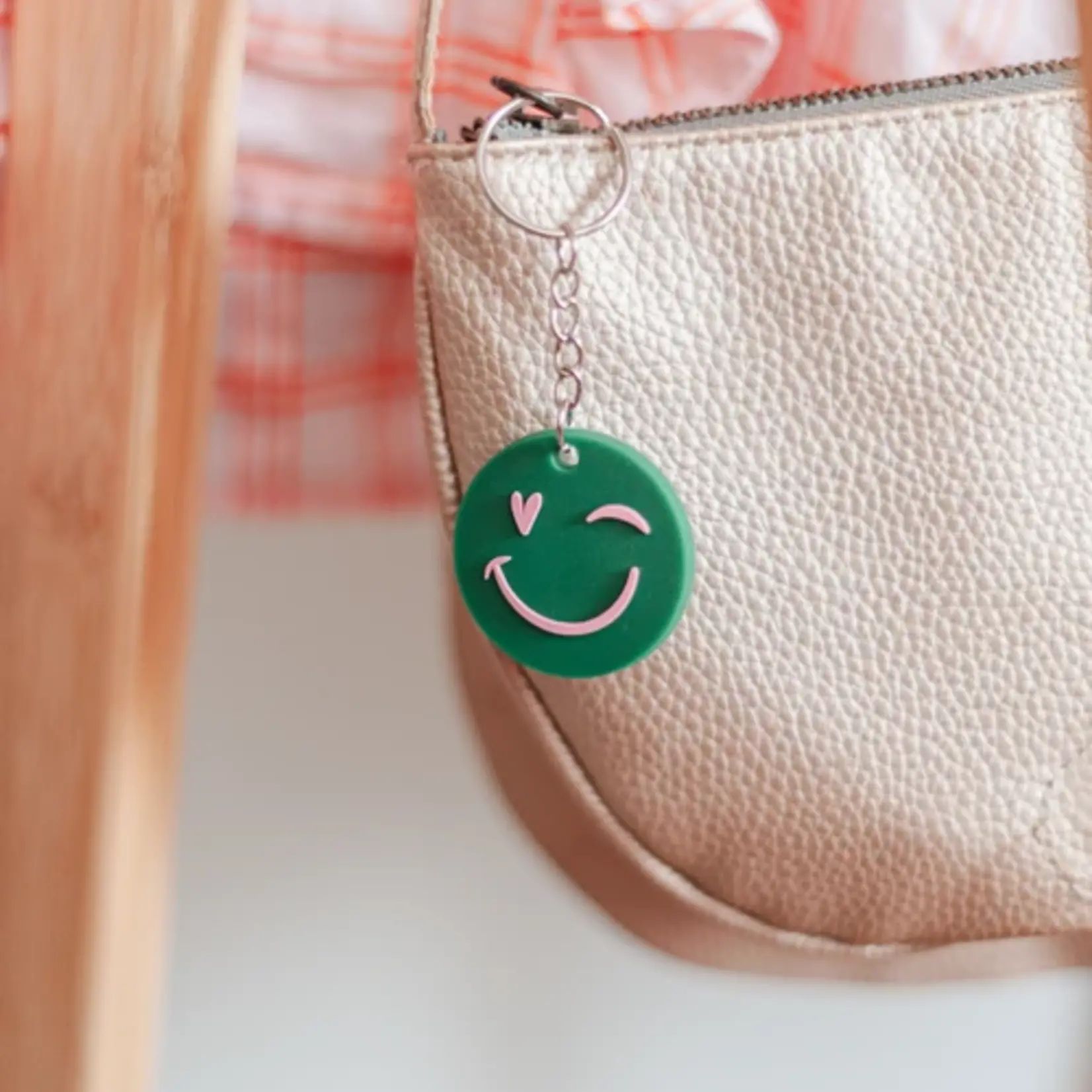 Sleutelhanger rond SMILEY - PVC - Groen/Roze - Ø40mm