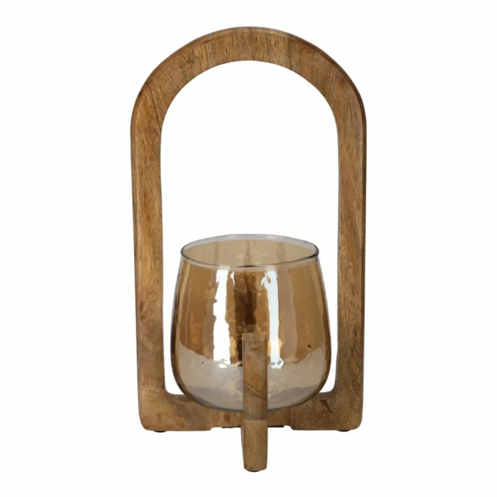 Lantaarn RAVI - Mangohout/Glas - Naturel - (L) Ø17,5 x 32 cm