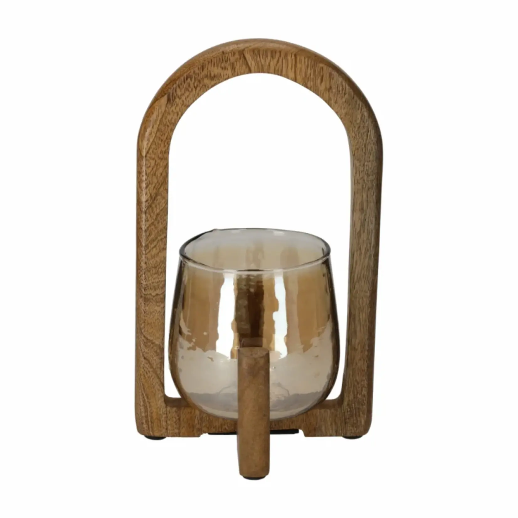 Lantaarn RAVI - Mangohout/Glas - Naturel - (S) Ø13 x 22 cm