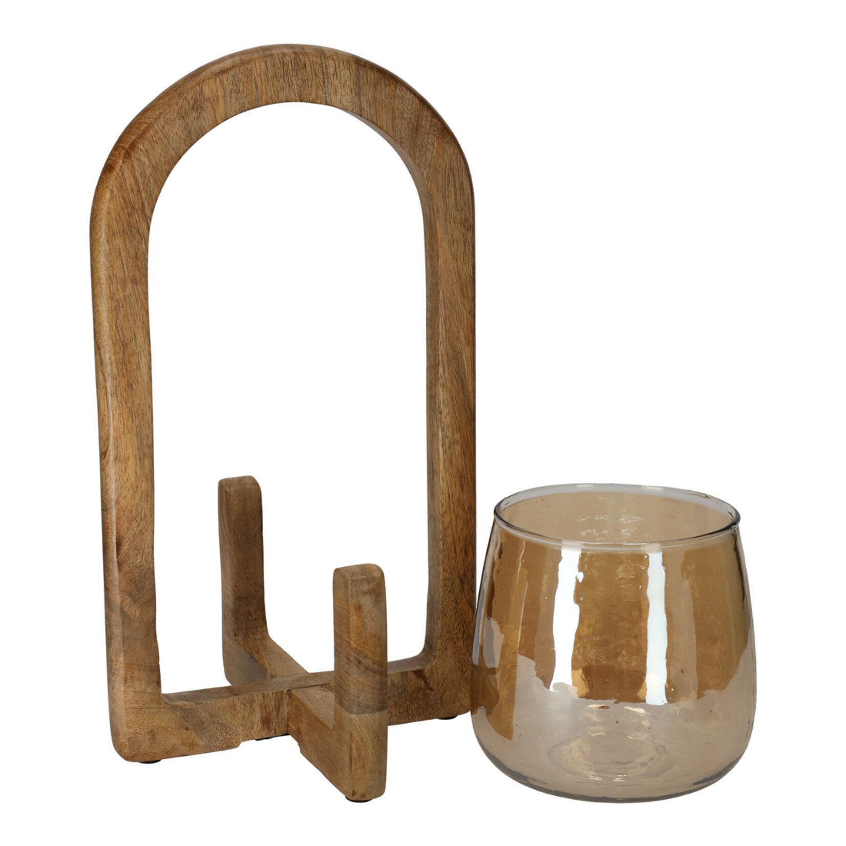 Lantaarn RAVI - Mangohout/Glas - Naturel - (L) Ø17,5 x 32 cm