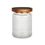Voorraadpot ribbels - Glas /Hout - Transparant -  (S) Ø10 x 14 cm