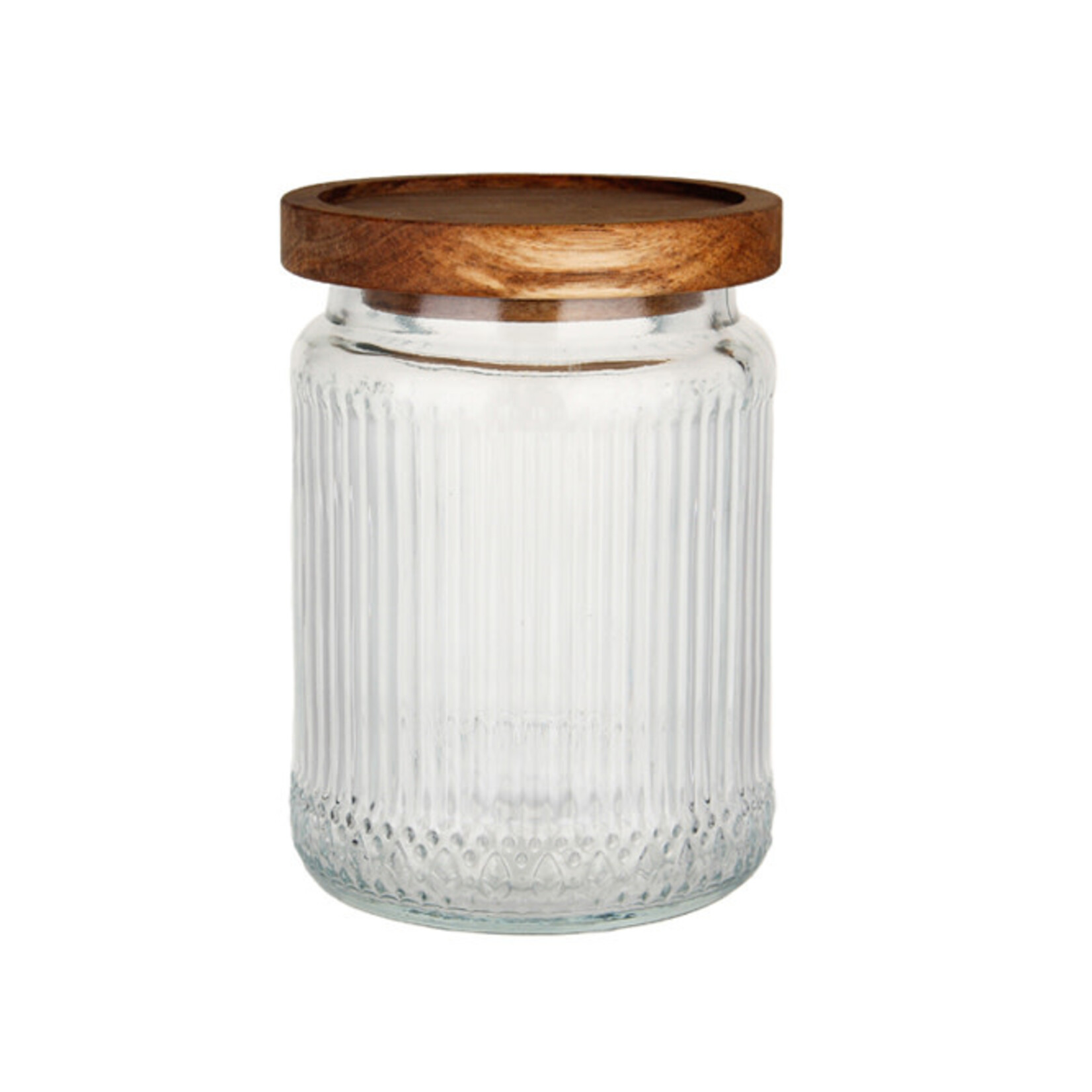 Voorraadpot ribbels - Glas /Hout - Transparant -  (S) Ø10 x 14 cm