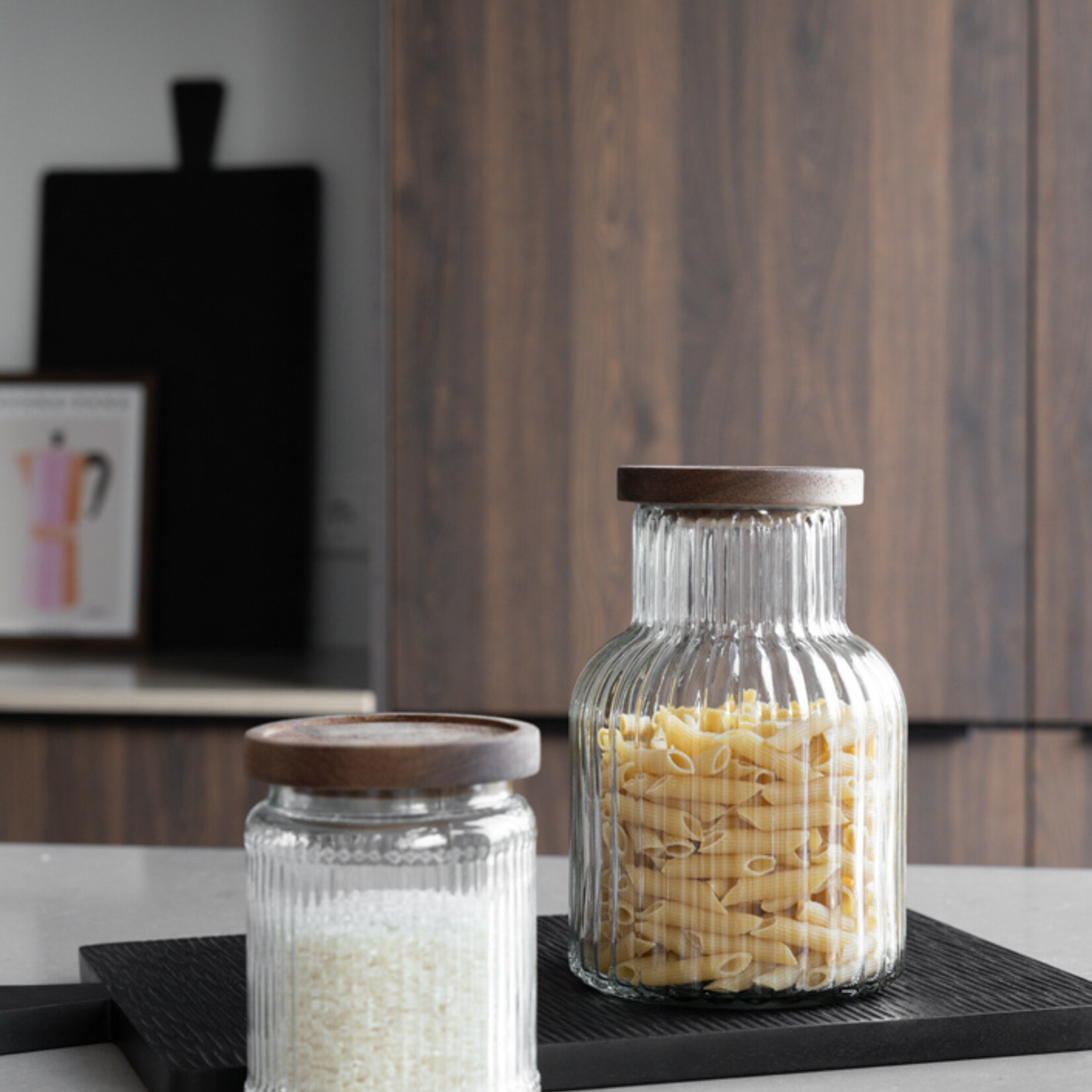 Voorraadpot ribbels - Glas /Hout - Transparant -  (S) Ø10 x 14 cm