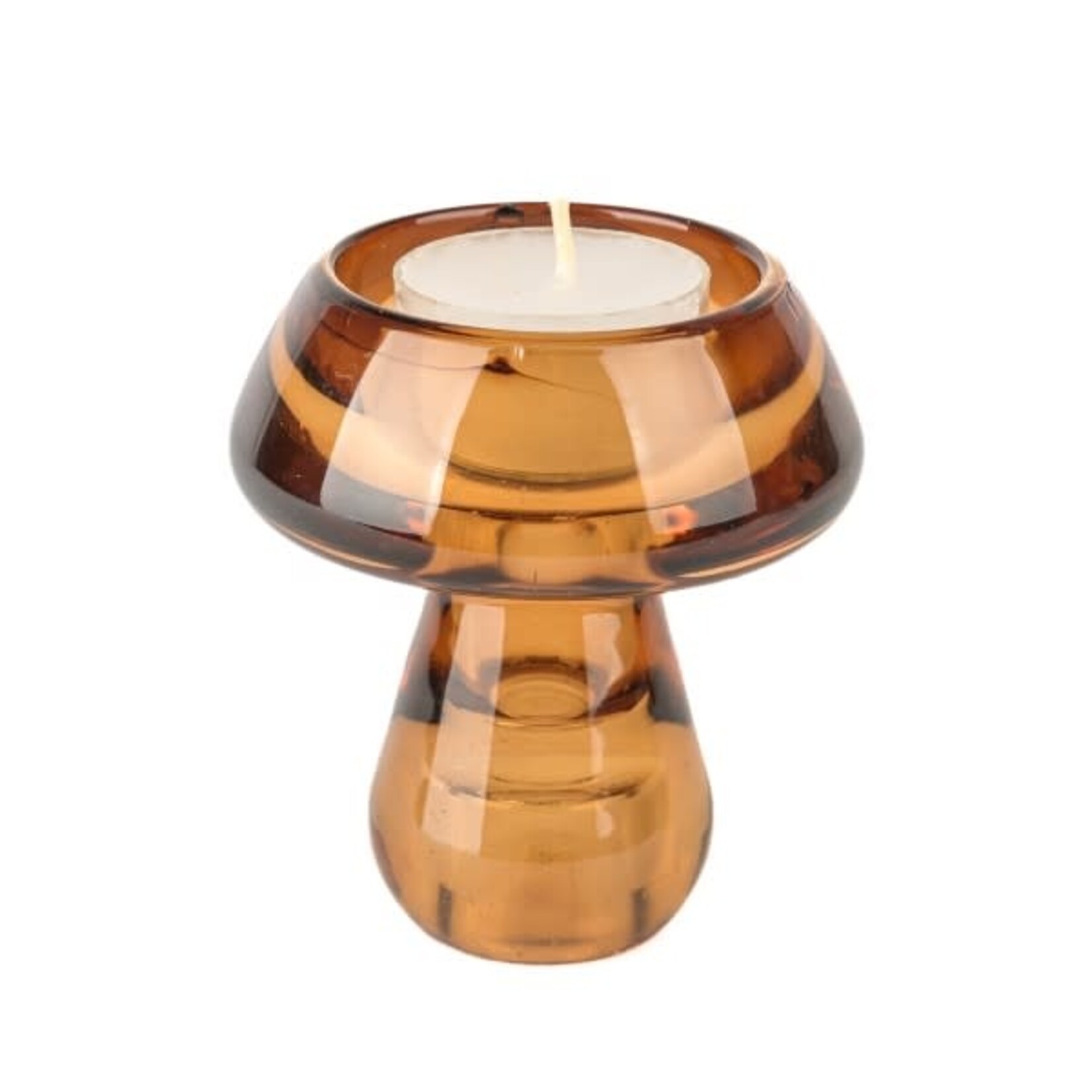 Theelichthouder/Kandelaar Paddenstoel - Glas - Cognac - 8 x 8 x 8cm